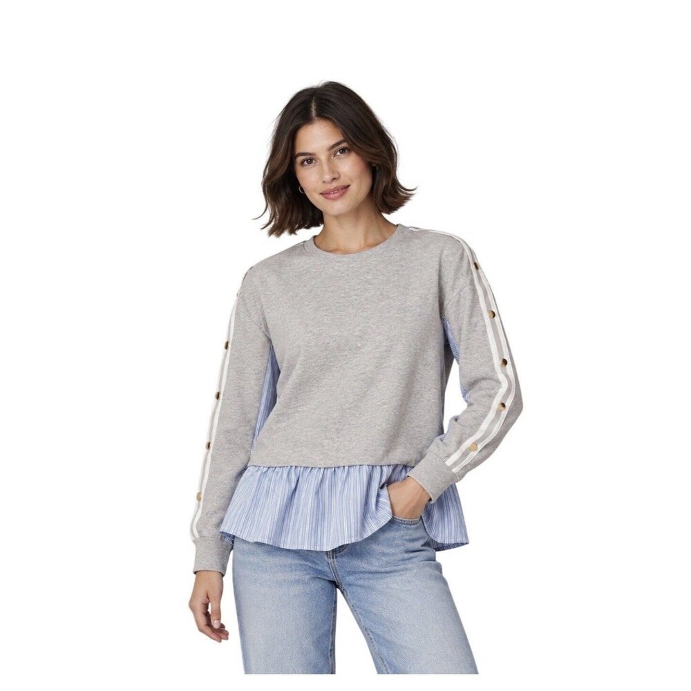 Maeve Anthropologie S Gray Mixed Media Striped Ruffle Sweatshirt Preppy